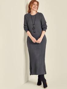 SHEIN Clasi Plus Size Round Neck Long Sleeve Simple Long Knit Sweater Dress, Casual For Daily Wear - Dark Grey - View 4