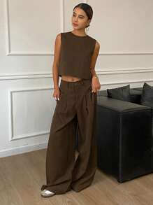 Livesso 女士纯色圆领露背开衩短款背心和阔腿裤两件套，优雅秋冬休闲套装 - 棕色 - 查看 3