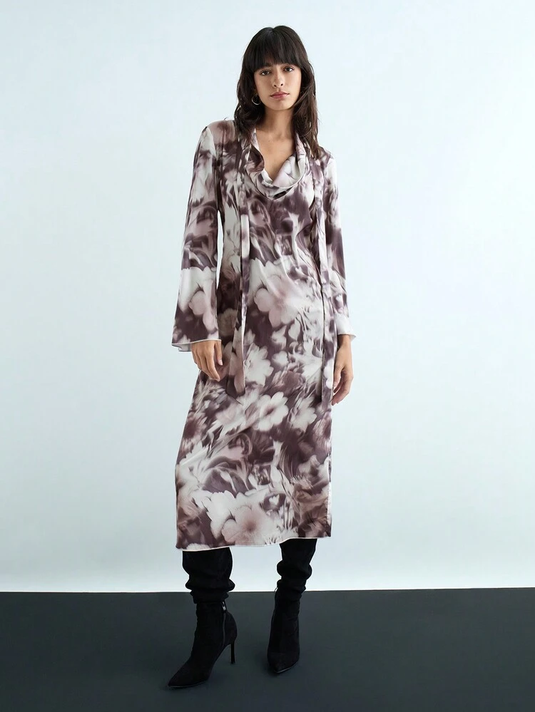 SHEIN Maija Autumn Winter New Urban Elegant Daily Casual Commute Retro Party Dress Women New Mid Length Artsy Print Dress