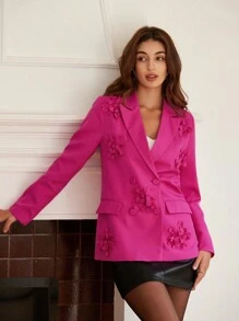 Chiquease 玫红色时尚专业手工 3D 花卉装饰宽松版长袖纯色西装夹克节日派对服装 - 玫紅色 - 查看 6