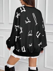 Chiquease 时尚休闲圆领宽松设计圆领运动衫保暖内衬，蝴蝶结点缀，黑白，秋冬短款 - 黑色 - 查看 2