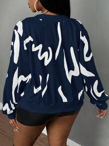 Slaydiva Áo khoác nữ cỡ lớn in họa tiết cọ nghệ thuật có khóa kéo ngắn, giản dị & thanh lịch, mùa xuân thu - Màu xanh hải quân - Xem 2