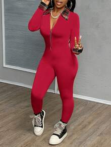 Slaydiva 休闲简约撞色衣领和袖口格子图案，黄色拉链领长袖连体裤女式连体裤，秋冬 - 紅色 - 查看 8