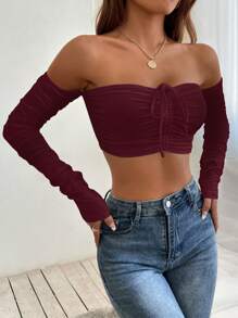 SHEIN PETITE Off Shoulder Drawstring Ruched Crop Off Shoulder Top - Burgundy - View 4