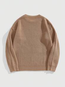 ROMWE MEN Street Life 男士圆领仿旧图案和字母提花针织套头衫，秋冬流行款 - 棕色 - 查看 2