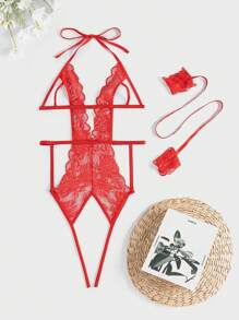 Exotic-Bondage Lace Crotchless Teddy Bodysuit & 1pair Hand Ring, Lingerie - Red - View 5