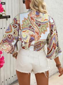 Breezaya Áo sơ mi ngày lễ thắt nút in họa tiết toàn thân cho nữ - Nhiều màu - Xem 2