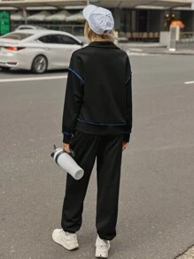 Tropiluxe 2pcs/Set Women Contrast Trim Zip-Up Long Sleeve Top & Drawstring Long Pants Casual Suit Tracksuit For Sport Wear
