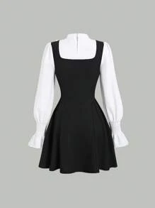 Sweetra 学院风简约黑白撞色蝴蝶结装饰修身 A 字型女式衬衫裙，百搭秋冬装 - 黑與白 - 查看 2