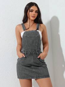 SHEIN EZwear Váy liền quần denim giản dị có túi cài nút dây rộng dành cho nữ - Xám - Xem 6