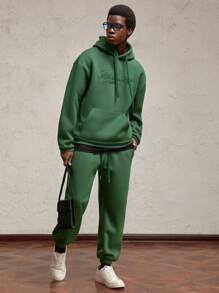 AKNOTIC Party 2pcs Men's Letter Print Crew Neck Hoodie Set With Thermal Lined, Suitable For Autumn/Winter