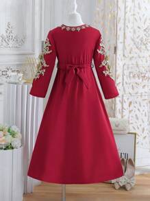 Tween Girl Embroidered V-Neck Long Sleeve Dress, Suitable For Gatherings - Burgundy - View 2