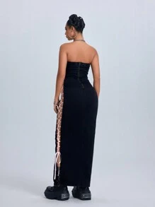 SHEIN ICON 女士撞色镂空休闲长款牛仔紧身连衣裙 - 黑色 - 查看 6