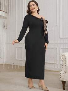 Modelyn 大码优雅拼接豹纹不对称肩部连衣裙，秋季 - 彩色 - 查看 4