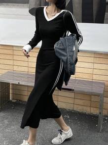 DAZY V领撞色女式长袖休闲中长连衣裙，秋季服装