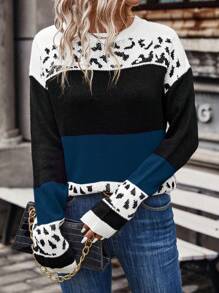 SHEIN LUNE Women's Fashionable Leopard Print Patchwork Crew Neck Long Sleeve Casual Sweater, Autumn/Winter Knit Pullover Fall Outfit