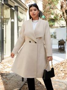 SHEIN CURVE+ Áo khoác dài vừa phải, thanh lịch, thời trang tối giản, ve áo lớn, cài hai hàng khuy, thắt eo, dành cho mùa đông, cỡ lớn dành cho nữ - Màu be - Xem 5