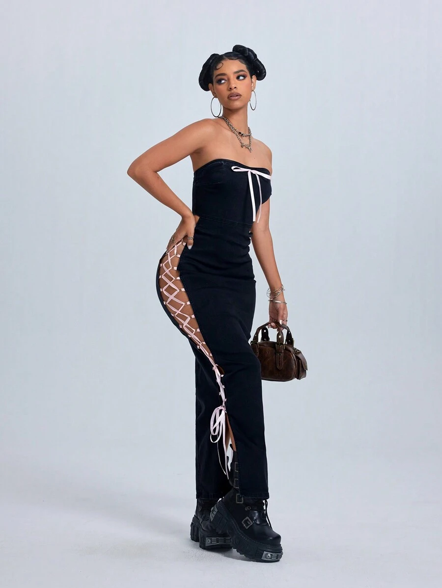 SHEIN ICON 女士撞色镂空休闲长款牛仔紧身连衣裙 - 黑色 - 查看 1