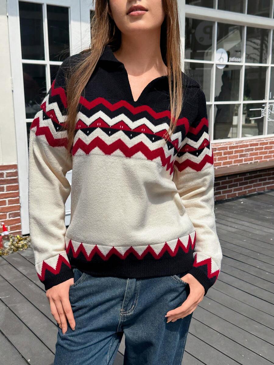 Jouncy Women Casual Loose Contrast Color Drop Shoulder Sweater, Suitable For Autumn Knit Pullover Fall Winter Outfit - Black - View 1