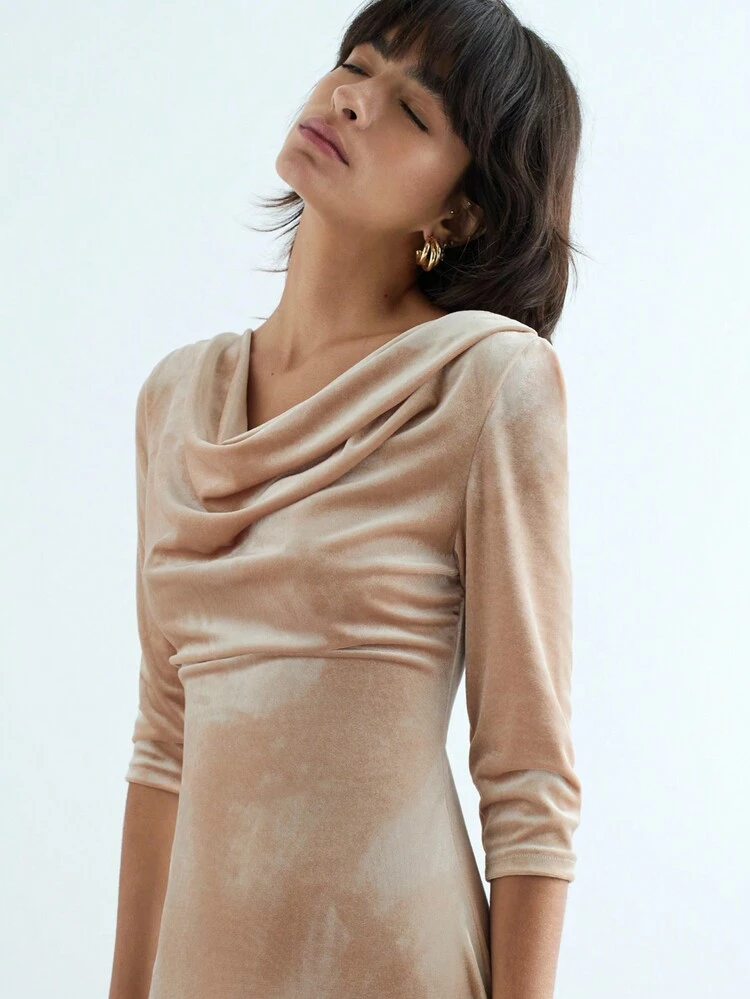 SHEIN Maija New Autumn/Winter Urban Elegant & Chic Casual Women Champagne Color Long Midi Dress With Flared Sleeves & Draped Neck, Suitable For Holiday & Party Wear