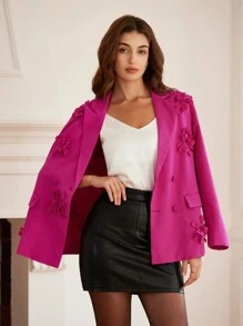 Chiquease 玫红色时尚专业手工 3D 花卉装饰宽松版长袖纯色西装夹克节日派对服装 - 玫紅色 - 查看 3