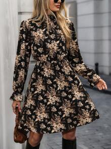 SHEIN Clasi Robe à manches longues avec imprimé floral, col lavallière et ceinture à la taille