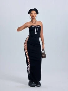 SHEIN ICON 女士撞色镂空休闲长款牛仔紧身连衣裙 - 黑色 - 查看 2