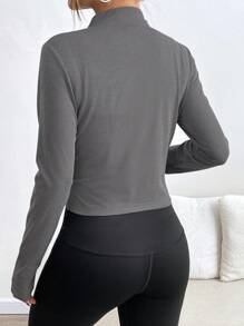 Chiquease Camiseta de manga larga con cuello alto, ajustada y acanalada con cremallera delantera para mujer, para otoño/invierno - Gris Oscuro - Ver 2