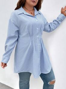 Calvaya Plus Size Casual Striped Pleated Cinched Waist Shirt, Autumn - Blue - View 7