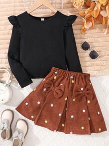 Set de 2 piezas: Top de manga larga acanalado y falda de pana con decoración de lazo bordado para niñas, elegante