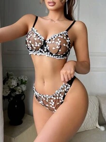 Set de 2 piezas de lencería romántica con diseño floral para mujeres