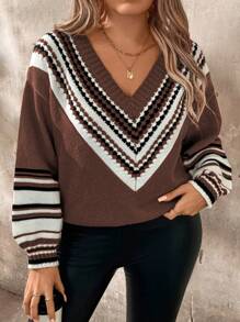 SHEIN LUNE Plus Size V-Neck Contrast Stripe Casual Pullover Sweater, For Winter Knit Pullover Fall - Coffee Brown - View 8
