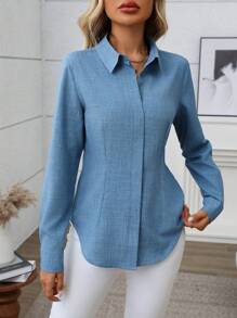 EMERY ROSE Women Single Breasted Loose Casual Long Sleeve Shirt, Solid Color, Autumn Fall Cloth For Women - Blue - View 7