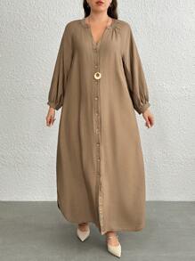 SHEIN LUNE Vestido casual largo de manga larga con botones frontales y escote en V de unicolor para mujer de talla grande