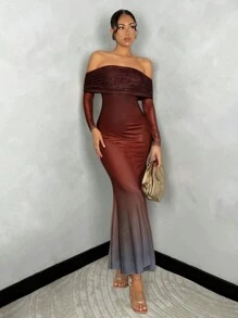 Glamine 修身渐变色网眼露肩连衣裙，优雅性感女士夏季长裙