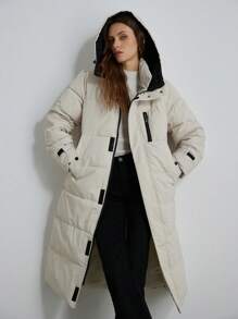 Aveloria Modichic Long Over-The-Knee Hooded Women's Padded Padded Coat With Contrasting Cuffs And Hood Design, White, Slim Fit, Autumn/Winter Clothes 