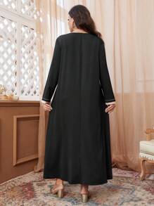 Al Najma Plus Size V-Neck Patchwork Long Dress, Loose Casual Modest Long Sleeve Dress For Autumn/Winter