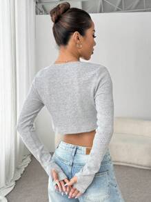 Flirla Vintage American Stylish Short Cardigan For Women, V-Neck Tie-Front Knit Cropped Sweater, Long Sleeve Tee, Slimming, Autumn