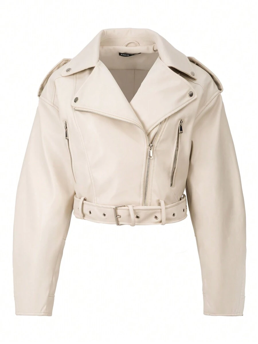 SHEIN Unity Women's Solid Color Long Sleeve Zip Up Mandarin Collar Casual Biker Jacket, Autumn Fall Winter Cloth For Women - Beige - View 1