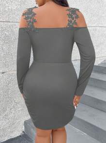 SHEIN Clasi Plus Size Elegant Embroidered Applique Off Shoulder Ruched Fitted Dress, For Autumn - Grey - View 2