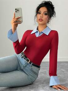 Chiquease 优雅通勤紧身 AB 面板领口喇叭袖口长袖半襟勃艮第针织条纹多色 T 恤女士秋冬图案 T 恤女士春季上衣 - 彩色 - 查看 6