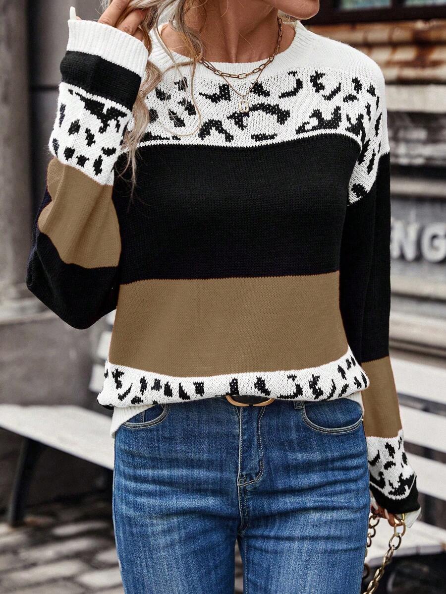 SHEIN LUNE Women Color Block Leopard Pattern Intarsia Knit Sweater, Casual For Autumn/Winter Knit Pullover Fall - Khaki - View 1