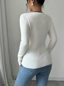 Elenzga Áo len dài tay nữ thanh lịch cài cúc phía trước, viền tương phản, thích hợp mặc công sở, kiểu dáng thu đông. - trắng - Xem 2