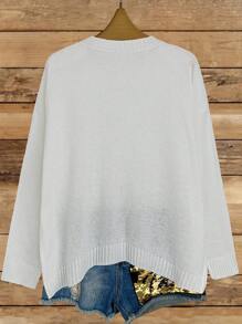 SHEIN CURVE+ Plus Size Crew Neck Long Sleeve Graphic Detail Minimalist Sweater, Casual For Everyday Wear