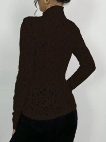 Chiquease 1pc Women Plain Stand Collar Long Sleeve Casual Top, Minimalist Style For Daily Wear - Brown - View 2