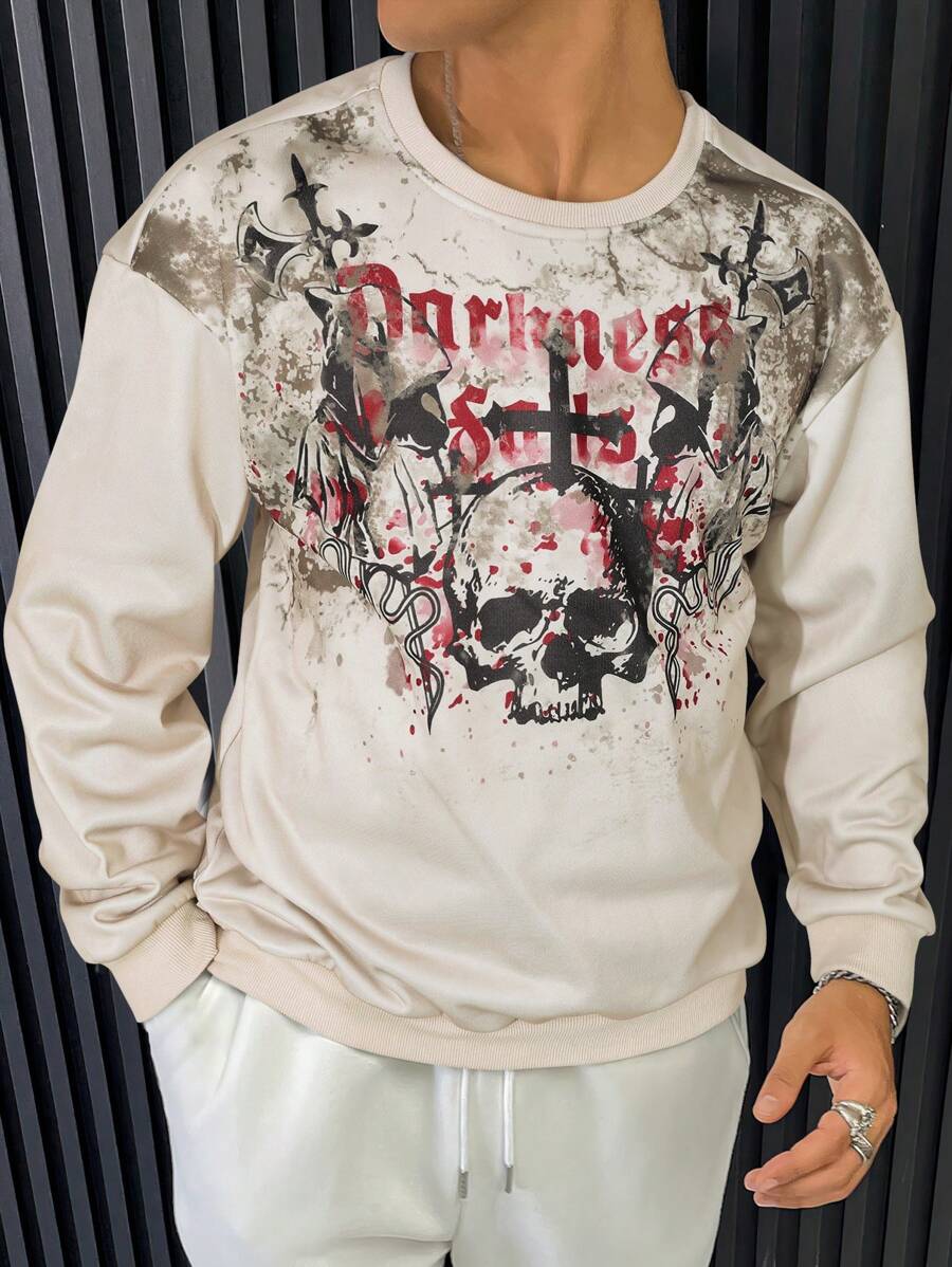 Manfinity LEGND 男士圆领长袖休闲套头衫，带骷髅印花