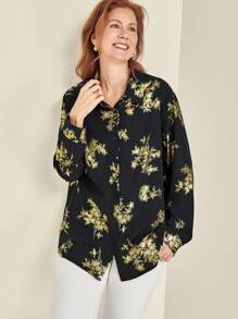 EMERY ROSE 大码女式休闲花卉金色纽扣装饰衬衫，秋季 - 黑色 - 查看 3