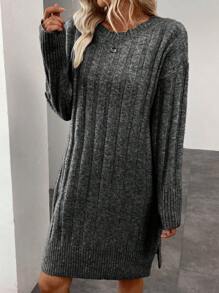 SHEIN LUNE Casual Solid Color Split Hem Sweater Dress For Autumn/Winter - Light Grey - View 4