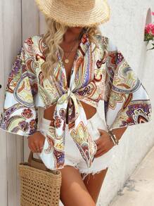 Breezaya Áo sơ mi ngày lễ thắt nút in họa tiết toàn thân cho nữ - Nhiều màu - Xem 3