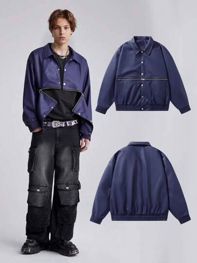 Goth جاكيت كاجوال واسع بسحاب للرجال ، خريف